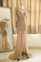 Trumpet Mermaid Scoop Champagne Tulle Beading Luxury Formal Prom Dresses