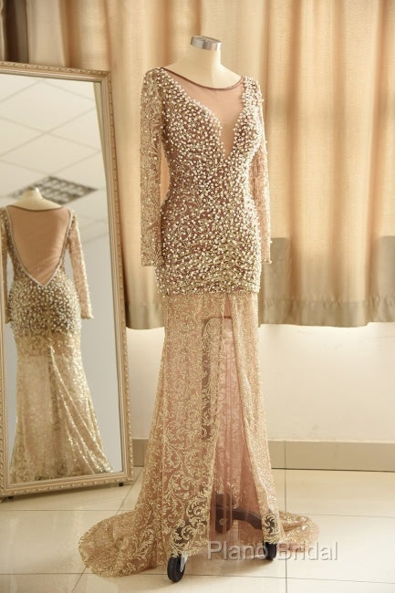 Trumpet Mermaid Scoop Champagne Tulle Beading Luxury Formal Prom Dresses