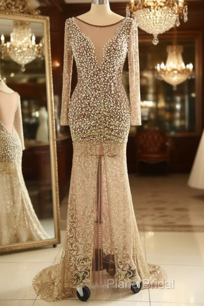 Trumpet Mermaid Scoop Champagne Tulle Beading Luxury Formal Prom Dresses Main image