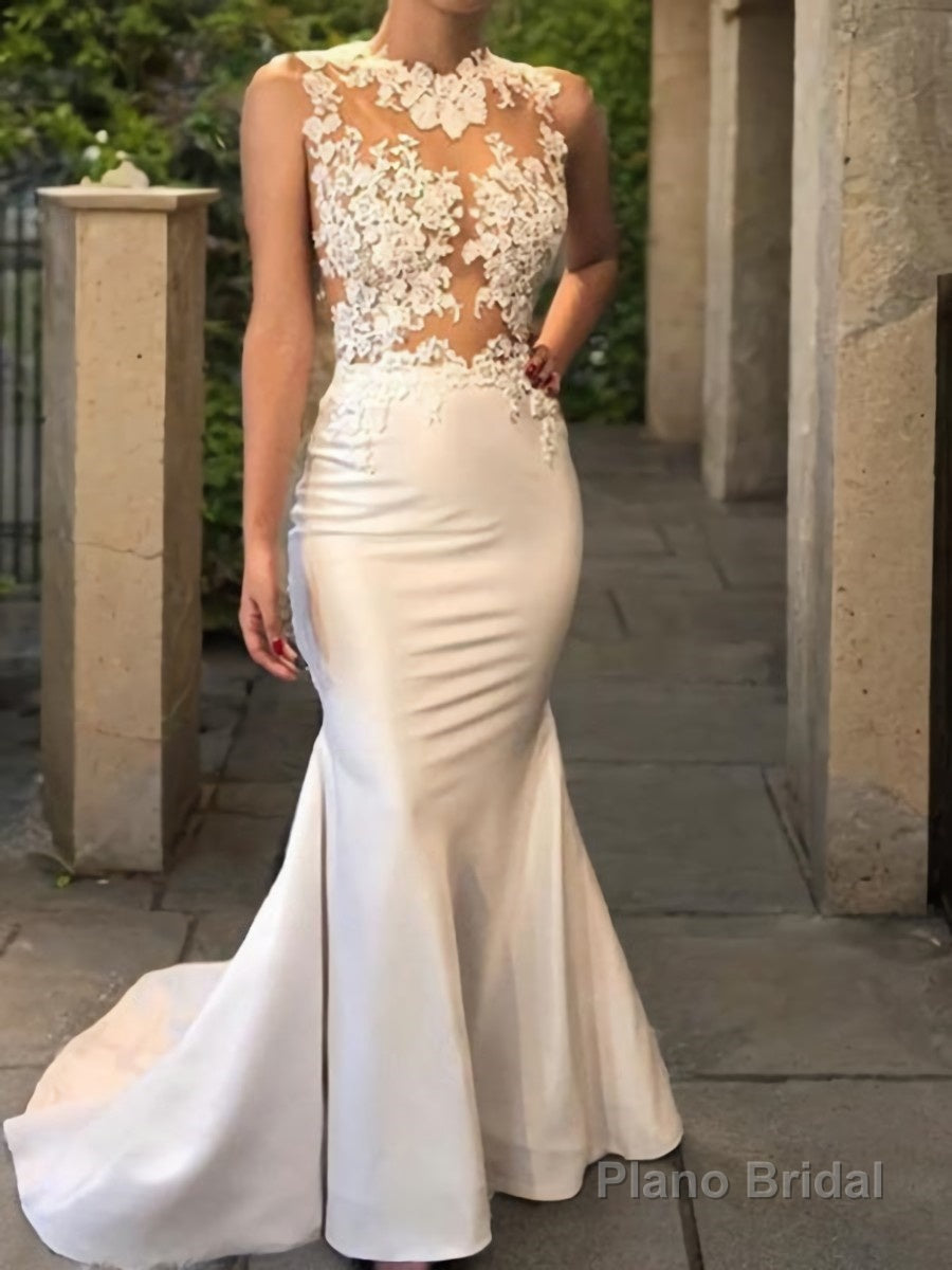 Trumpet/Mermaid Scoop Court Train Satin Wedding Dresses With Appliques Lace Main image