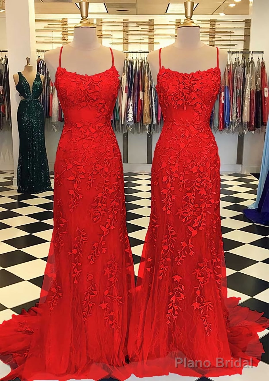 Trumpet/Mermaid Scoop Neck Sleeveless Sweep Train Lace Prom Dresses With Crystal