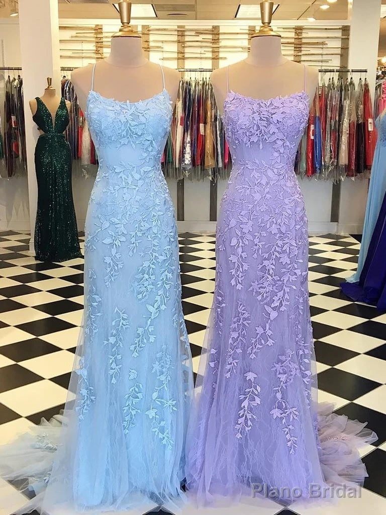 Trumpet/Mermaid Scoop Neck Sleeveless Sweep Train Lace Prom Dresses With Crystal Main image