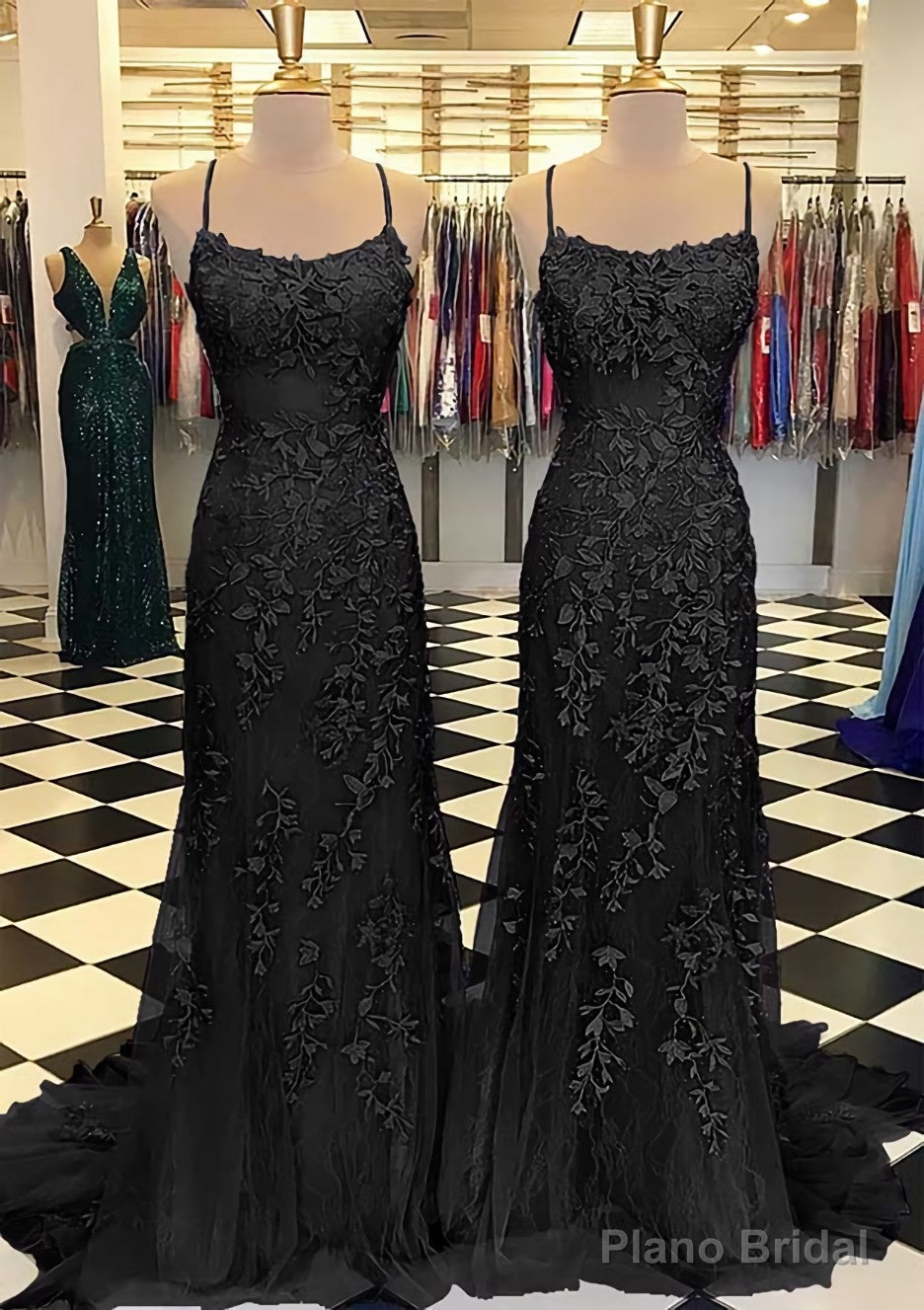 Trumpet/Mermaid Scoop Neck Sleeveless Sweep Train Lace Prom Dresses With Crystal