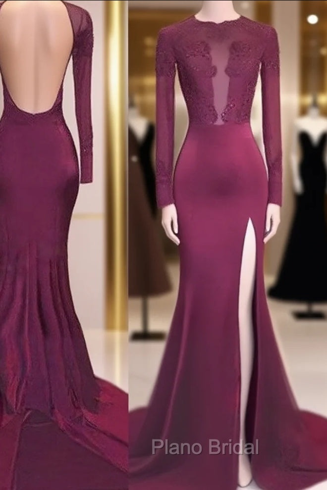 Trumpet/Mermaid Scoop Satin Long Sleeves Applique Sweep/Brush Train Dresses Main image