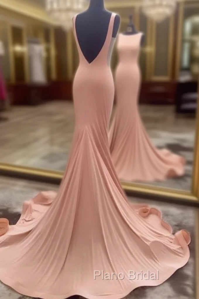 Trumpet/Mermaid Sleeveless Bateau Zipper Court Train Elastic Satin Formal Prom Dresses With Pleated Main image