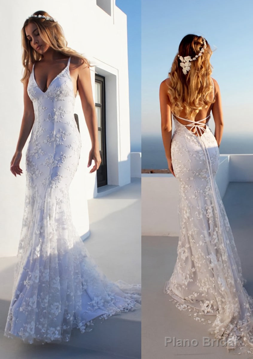 Trumpet/Mermaid Spaghetti Straps Court Train Lace Prom Dresses Main image