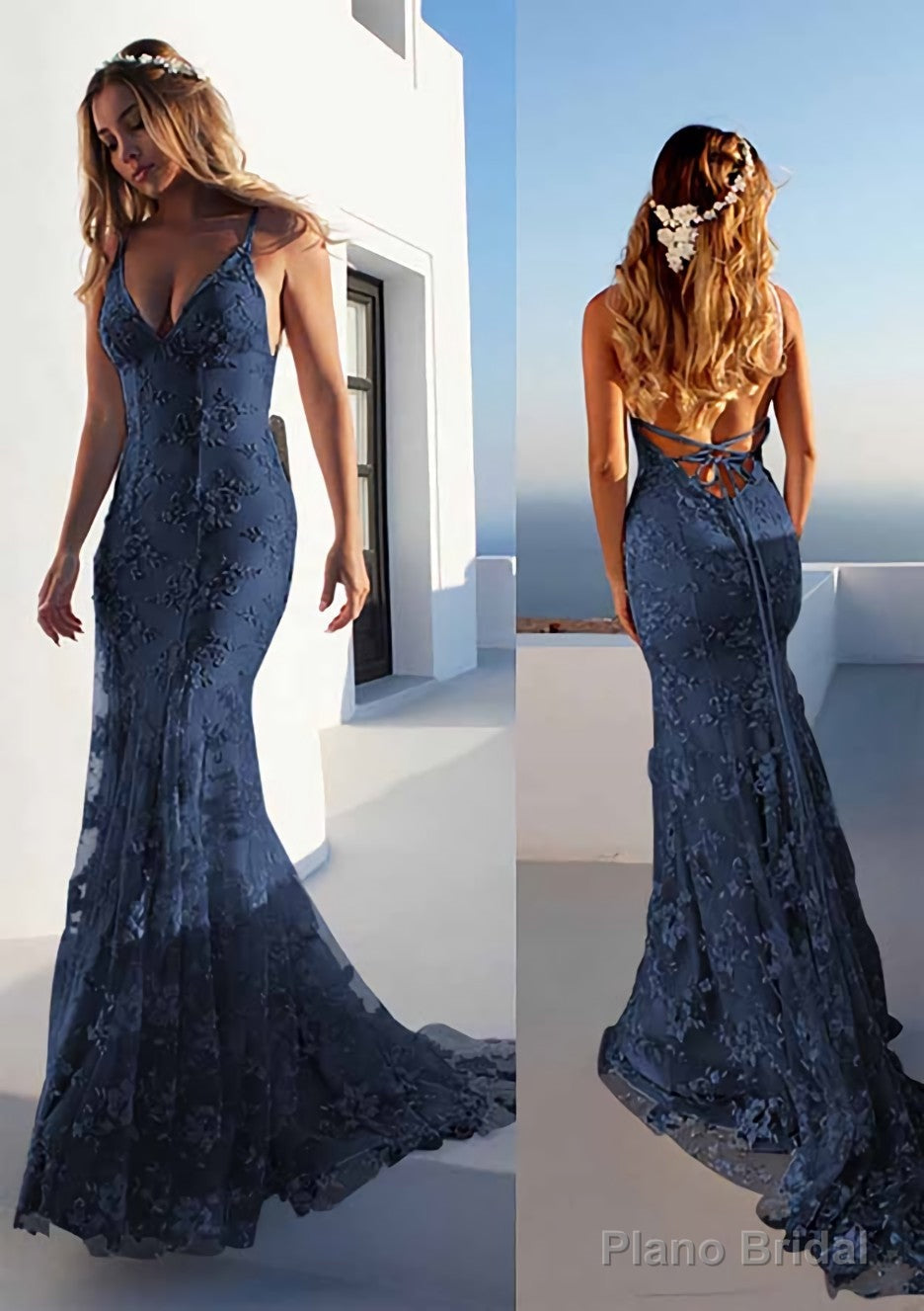Trumpet/Mermaid Spaghetti Straps Court Train Lace Prom Dresses