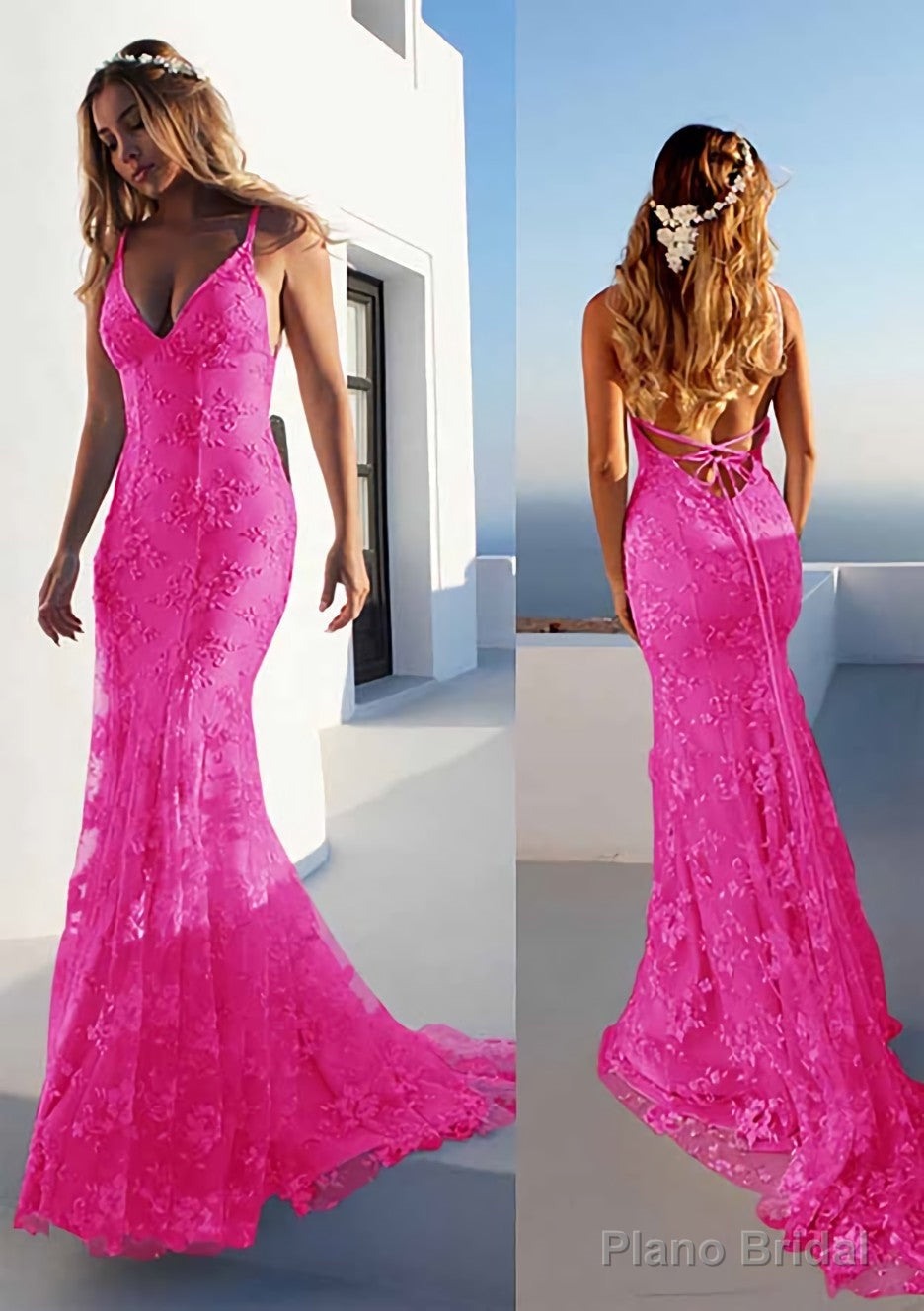 Trumpet/Mermaid Spaghetti Straps Court Train Lace Prom Dresses