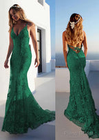 Trumpet/Mermaid Spaghetti Straps Court Train Lace Prom Dresses