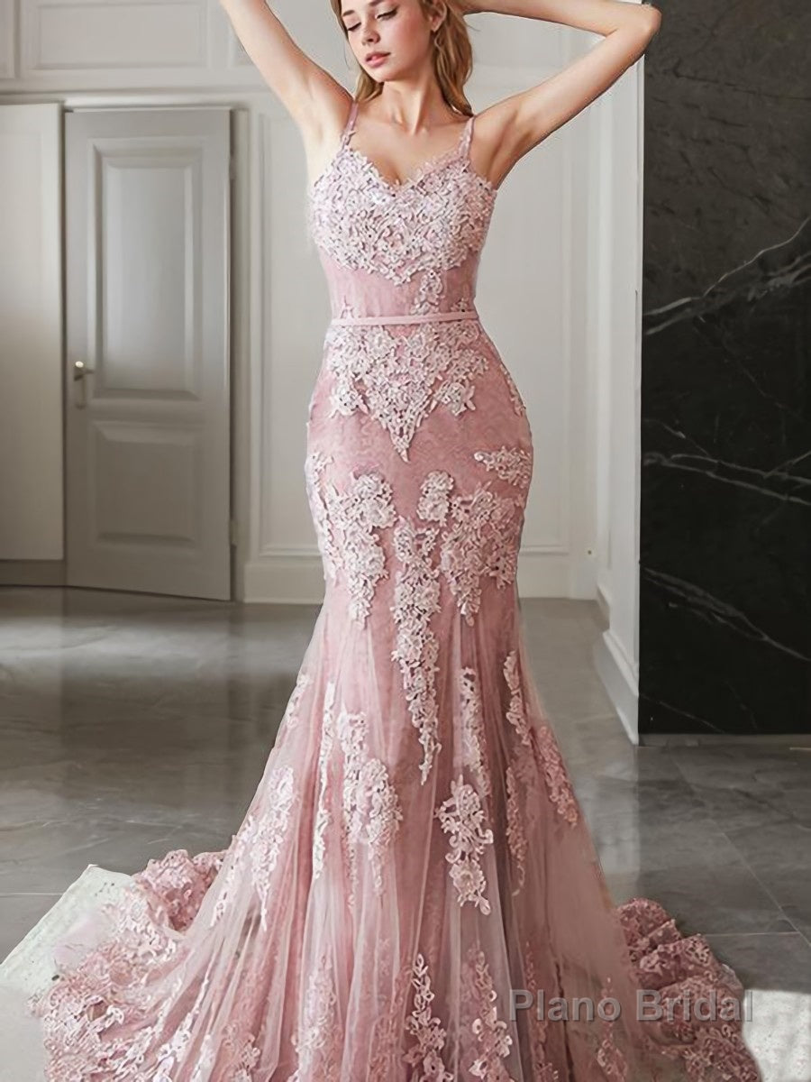 Trumpet/Mermaid Spaghetti Straps Sweep Train Lace Evening Dresses With Appliques Lace Main image