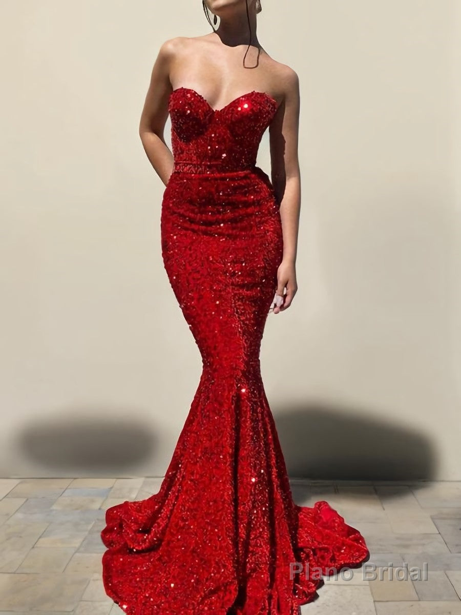 Trumpet/Mermaid Sweetheart Court Train Velvet Sequins Prom Dresses With Ruffles Main image