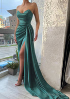 Trumpet/Mermaid Sweetheart Strapless Court Train Satin Prom Dresses With Pleated Split