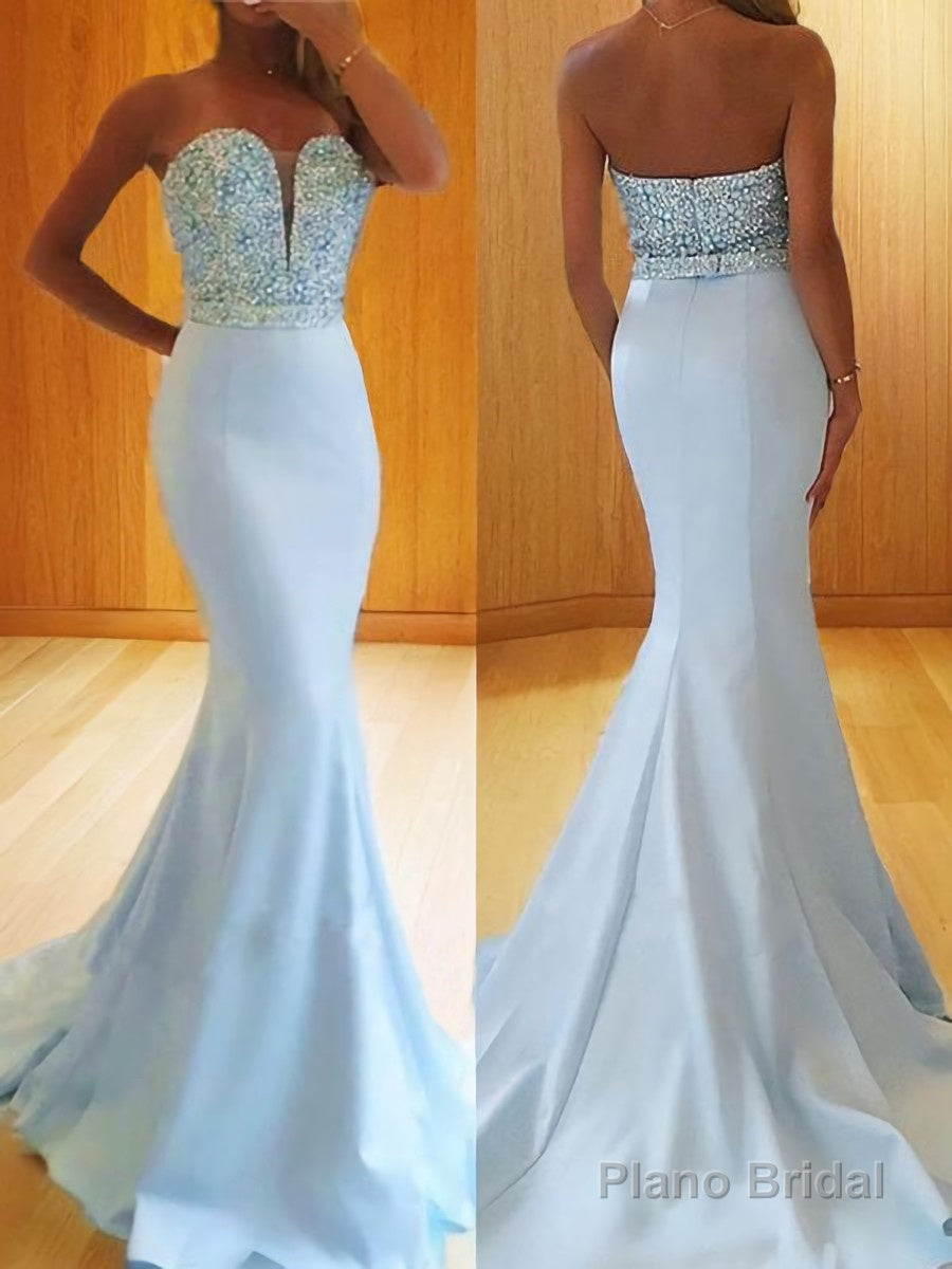 Trumpet/Mermaid Sweetheart Sweep Train Satin Prom Dresses With Beading Main image