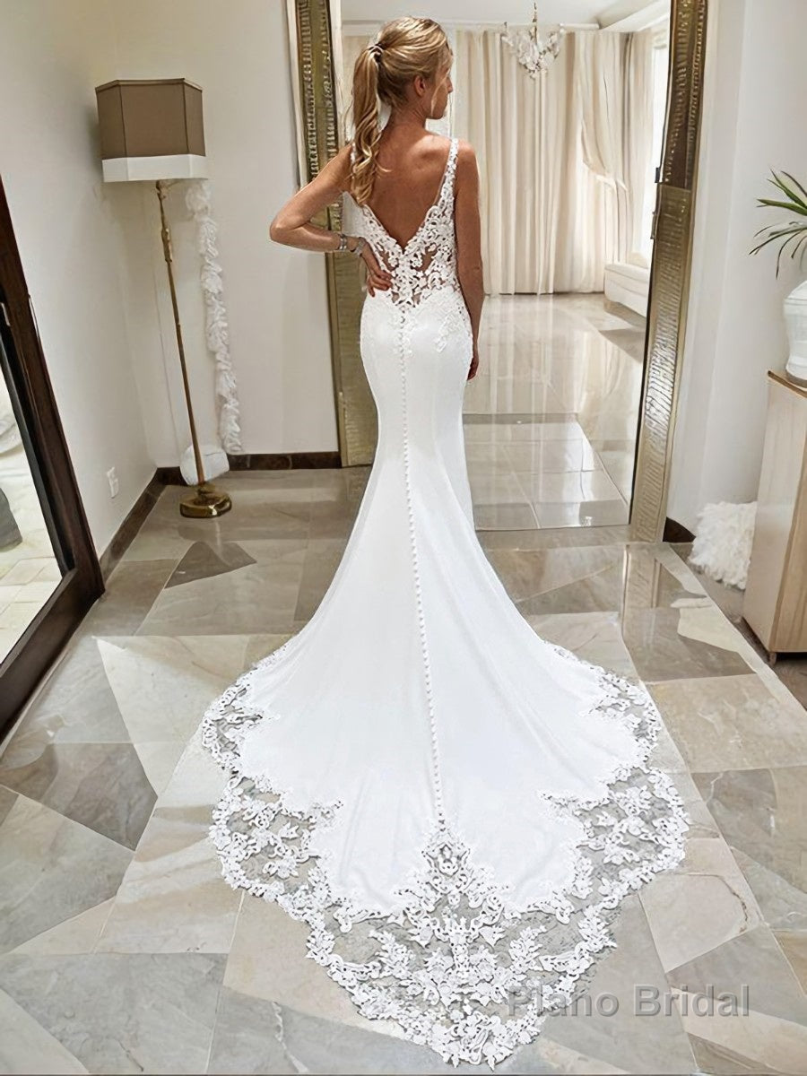 Trumpet/Mermaid V-neck Cathedral Train Stretch Crepe Wedding Dresses With Appliques Lace Secondary image