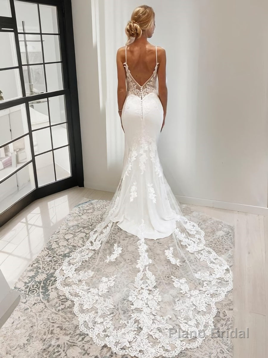 Trumpet/Mermaid V-neck Cathedral Train Stretch Crepe Wedding Dresses With Appliques Lace Secondary image