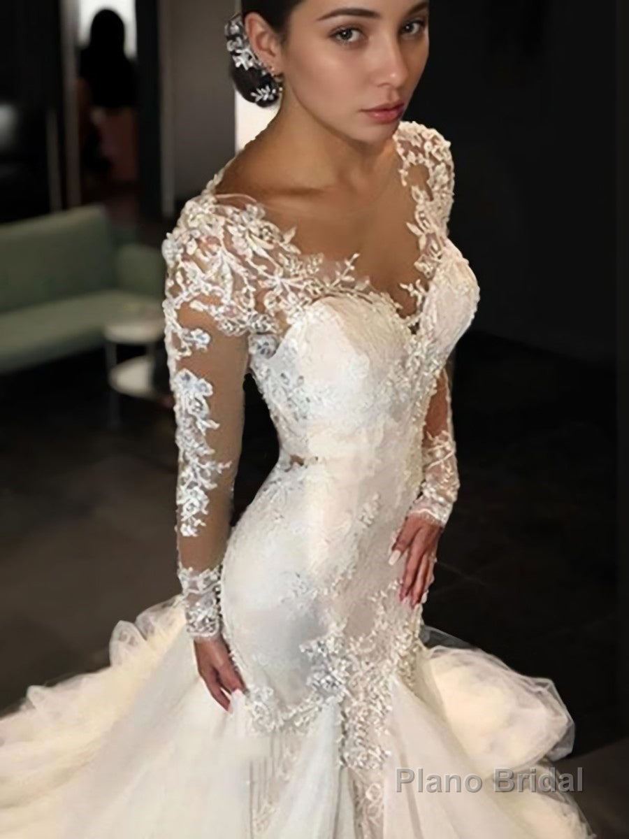Trumpet/Mermaid V-neck Court Train Tulle Wedding Dresses With Appliques Lace Main image
