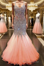 Trumpet/Mermaid V-neck Floor-Length Tulle Formal Prom Dresses With Rhinestone