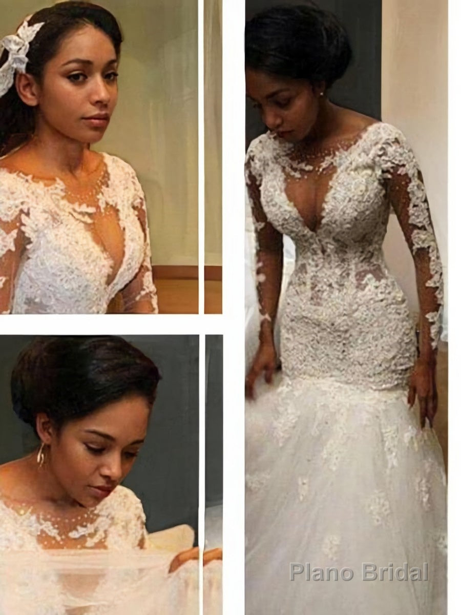 Trumpet/Mermaid V-neck Floor-Length Tulle Wedding Dresses With Appliques Lace Secondary image