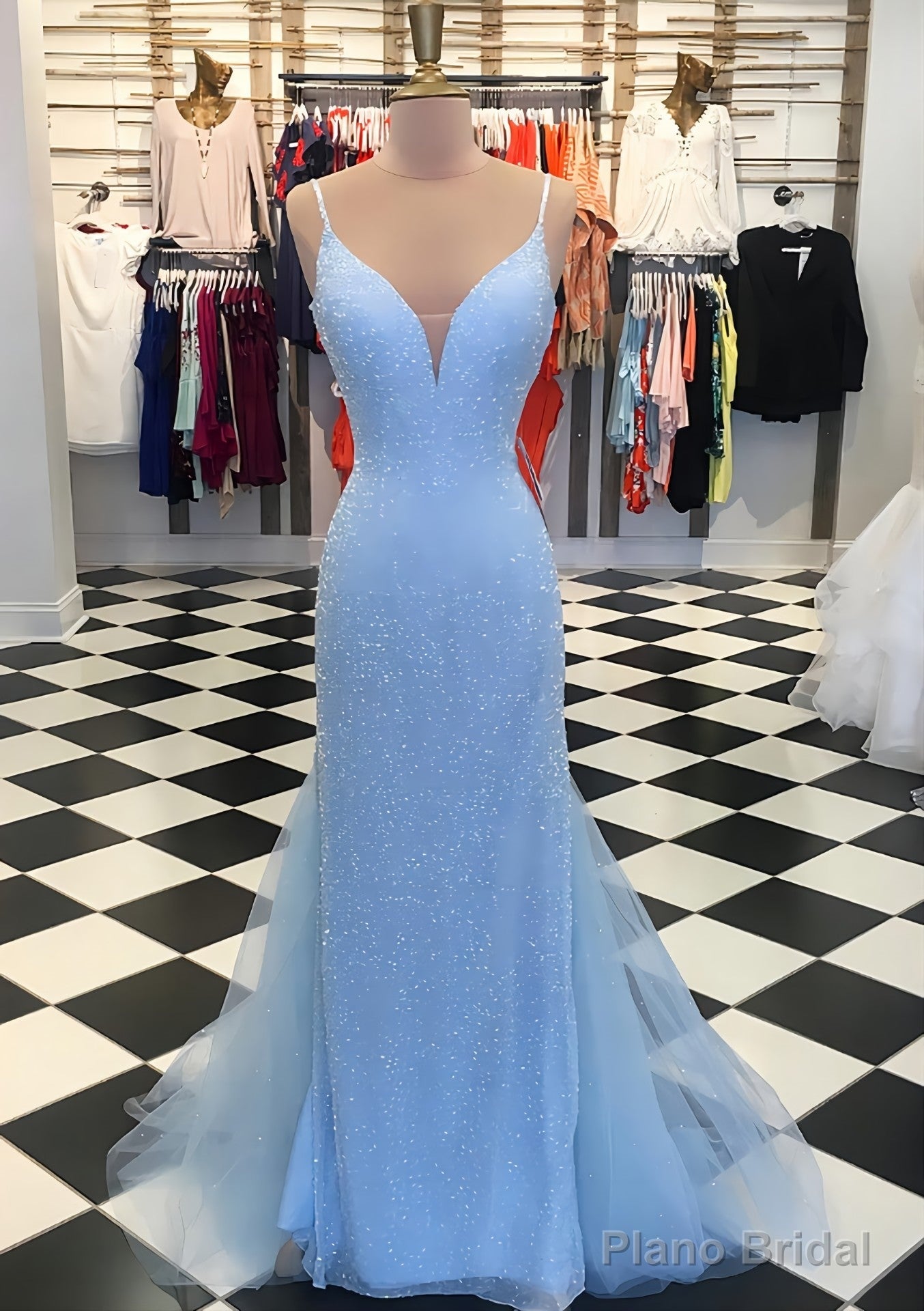 Trumpet/Mermaid V Neck Sleeveless Court Train Lace Tulle Prom Dresses Main image