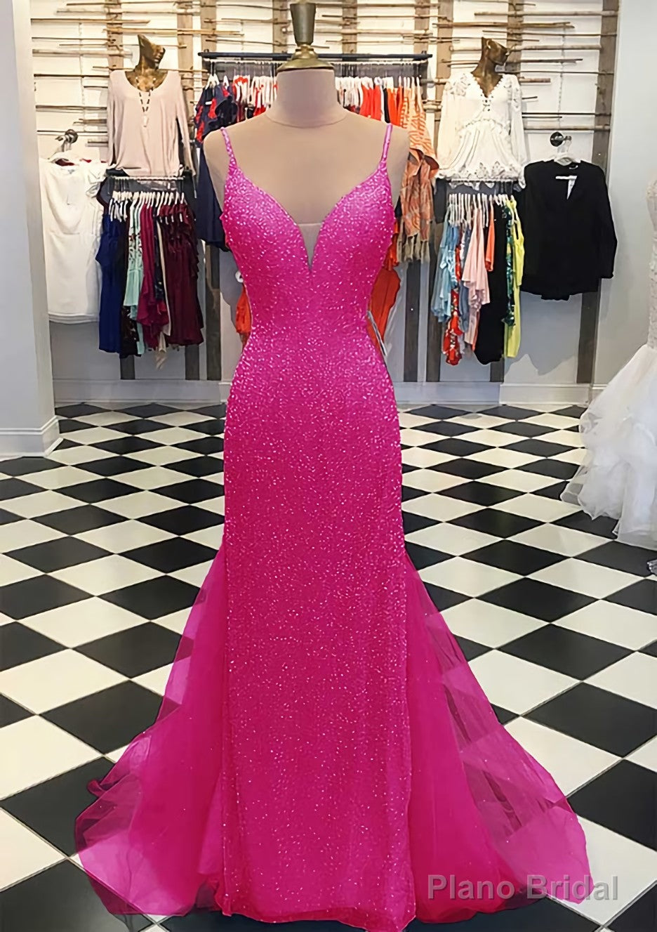 Trumpet/Mermaid V Neck Sleeveless Court Train Lace Tulle Prom Dresses