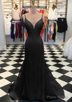 Trumpet/Mermaid V Neck Sleeveless Court Train Lace Tulle Prom Dresses