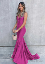 Trumpet/Mermaid V Neck Sleeveless Sweep Train Jersey Prom Dresses