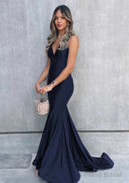 Trumpet/Mermaid V Neck Sleeveless Sweep Train Jersey Prom Dresses