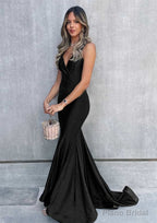 Trumpet/Mermaid V Neck Sleeveless Sweep Train Jersey Prom Dresses