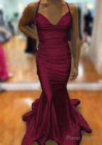 Trumpet/Mermaid V Neck Sleeveless Sweep Train Jersey Prom Dresses With Pleated