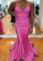 Trumpet/Mermaid V Neck Sleeveless Sweep Train Jersey Prom Dresses With Pleated
