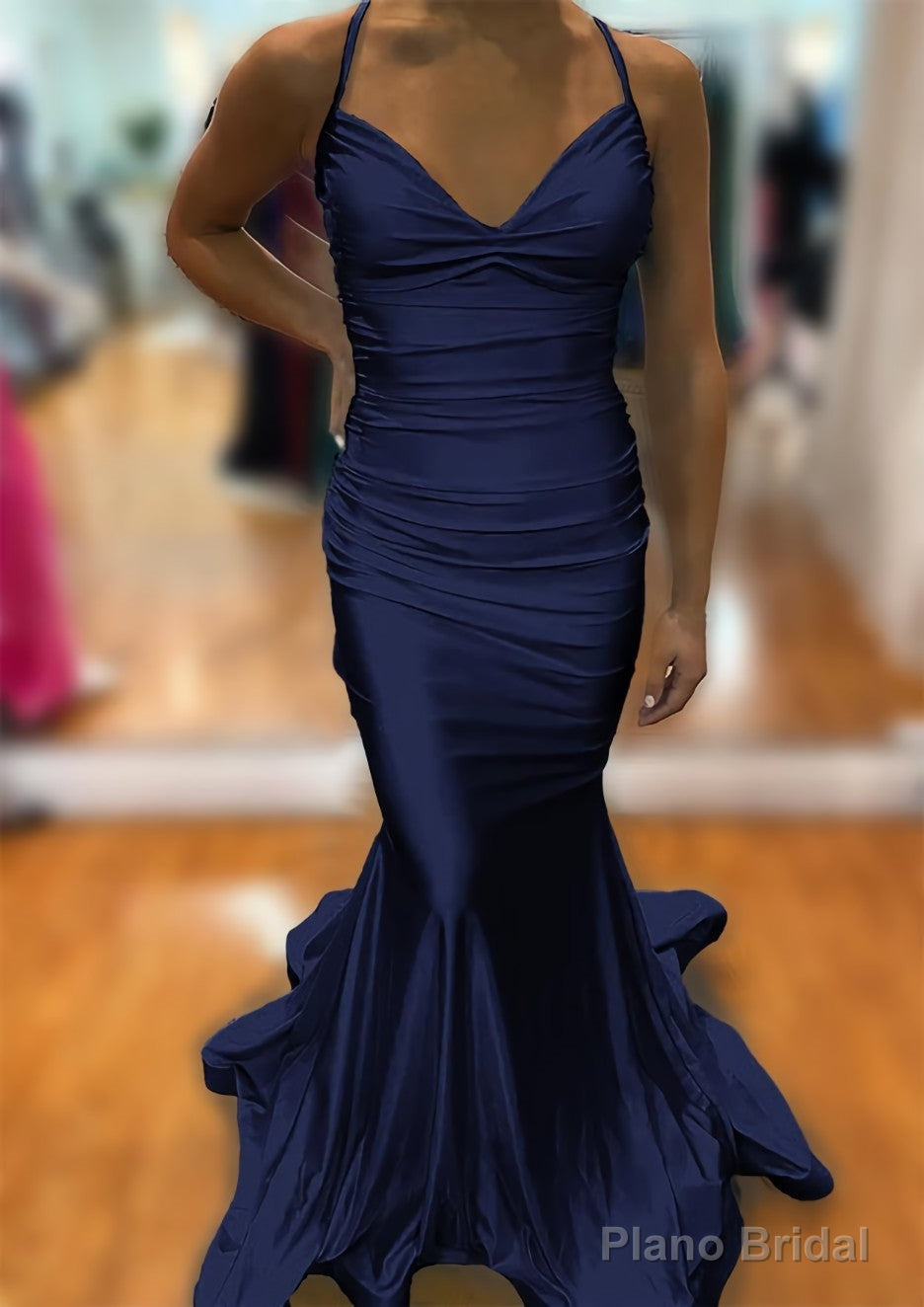 Trumpet/Mermaid V Neck Sleeveless Sweep Train Jersey Prom Dresses With Pleated Secondary image