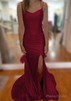 Trumpet/Mermaid V Neck Sleeveless Sweep Train Jersey Prom Dresses With Split Pleated