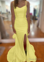 Trumpet/Mermaid V Neck Sleeveless Sweep Train Jersey Prom Dresses With Split Pleated