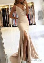 Trumpet/Mermaid V Neck Sleeveless Sweep Train Satin Prom Dresses