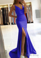 Trumpet/Mermaid V Neck Sleeveless Sweep Train Satin Prom Dresses