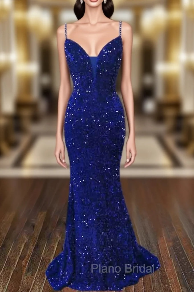 Trumpet/Mermaid V Neck Sleeveless Sweep Train Velvet Sequins Formal Prom Dresses