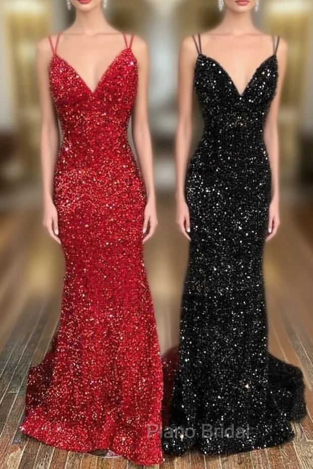 Trumpet/Mermaid V Neck Sleeveless Velvet Sequins Court Train Formal Prom Dresses With Pleated Main image