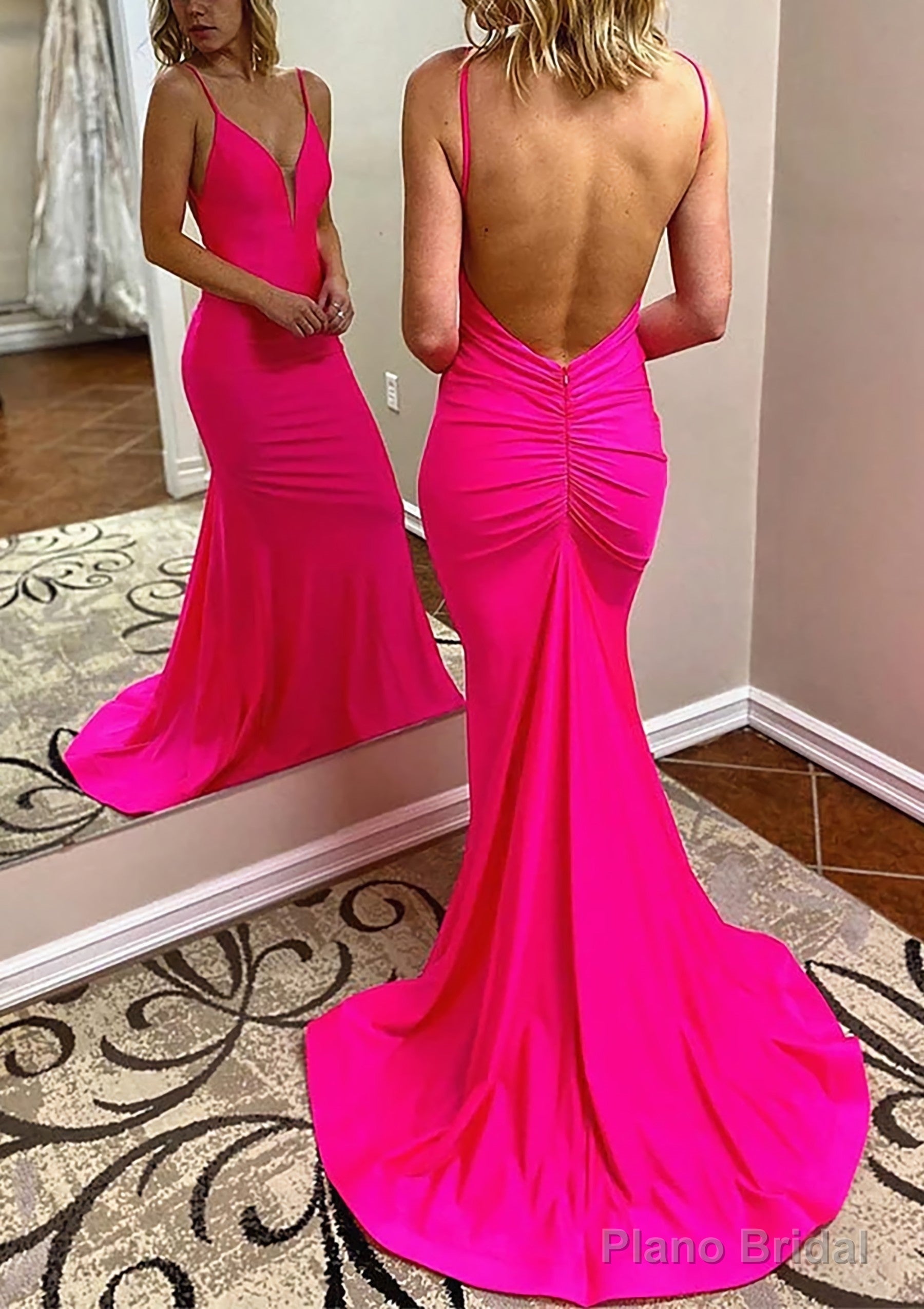 Trumpet/Mermaid V Neck Spaghetti Straps Court Train Jersey Prom Dresses With Pleated