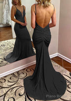 Trumpet/Mermaid V Neck Spaghetti Straps Court Train Jersey Prom Dresses With Pleated