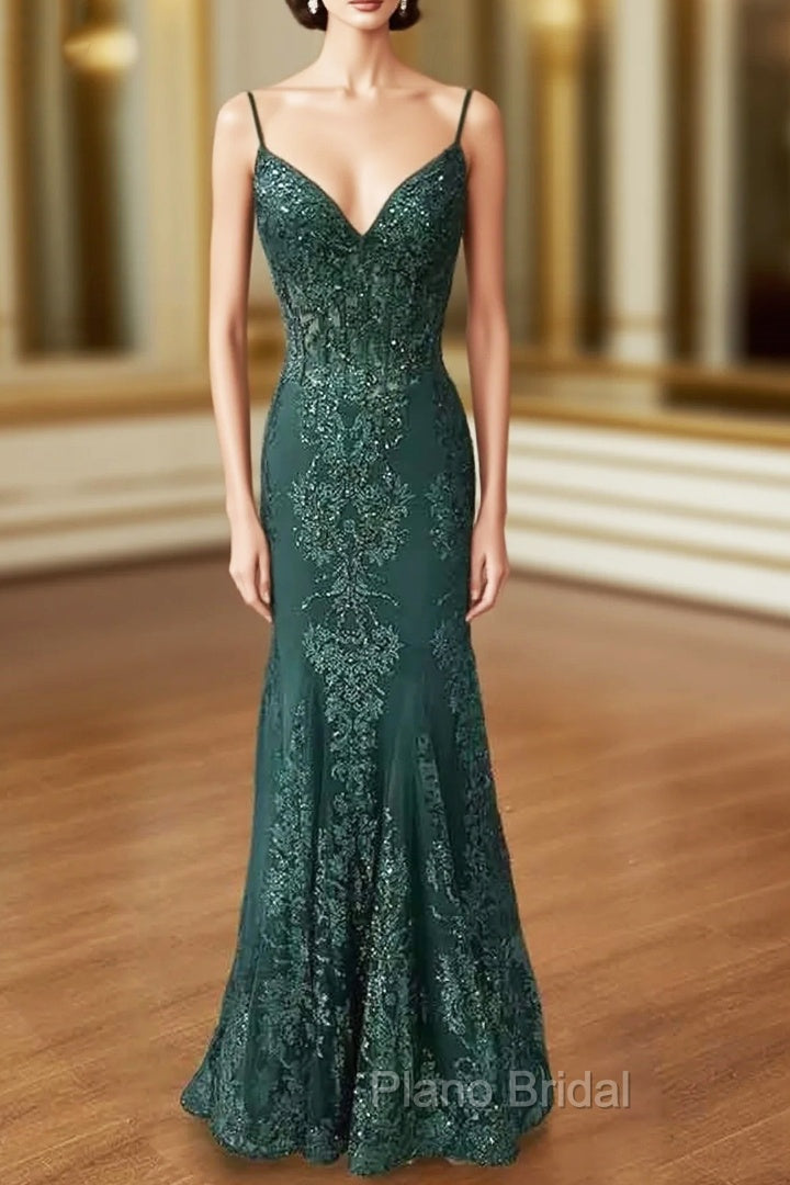 Trumpet/Mermaid V Neck Spaghetti Straps Long/Floor-Length Tulle Formal Prom Dresses With Appliqued Beading Main image