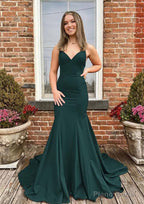Trumpet/Mermaid V Neck Spaghetti Straps Sweep Train Satin Prom Dresses