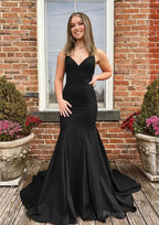 Trumpet/Mermaid V Neck Spaghetti Straps Sweep Train Satin Prom Dresses