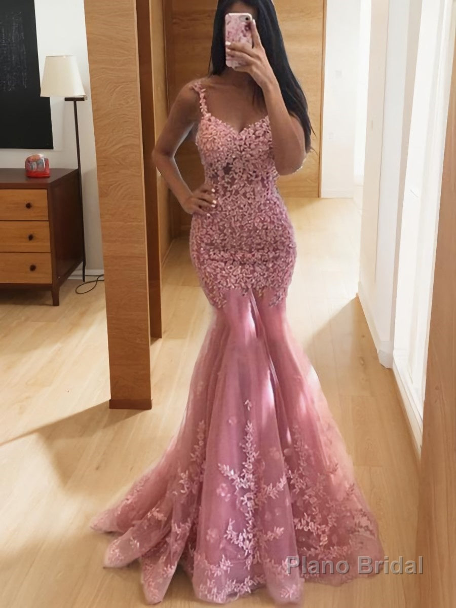 Trumpet/Mermaid V-neck Sweep Train Lace Prom Dresses With Appliques Lace Main image