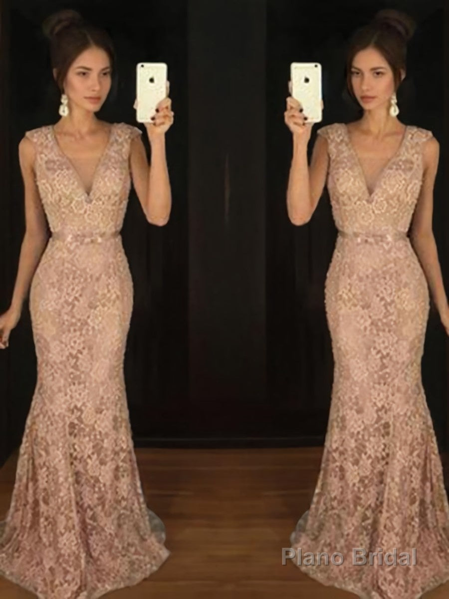 Trumpet/Mermaid V-neck Sweep Train Lace Prom Dresses With Belt/Sash