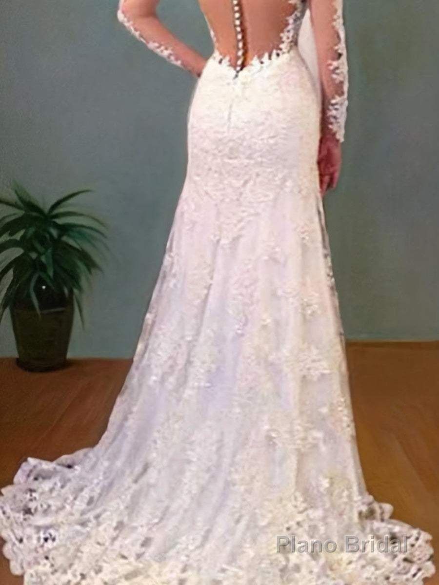 Trumpet/Mermaid V-neck Sweep Train Lace Wedding Dresses With Appliques Lace Secondary image