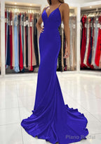 Trumpet/Mermaid V Neck Sweep Train Sleeveless Elastic Satin Prom Dresses