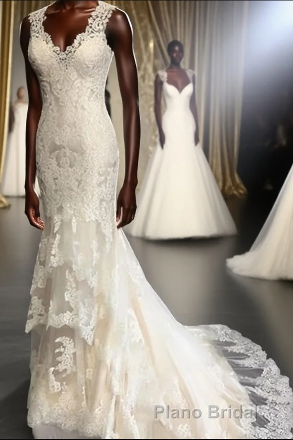 Trumpet/Mermaid V-neck Sweep Train Tulle Wedding Dresses With Appliques Lace Main image