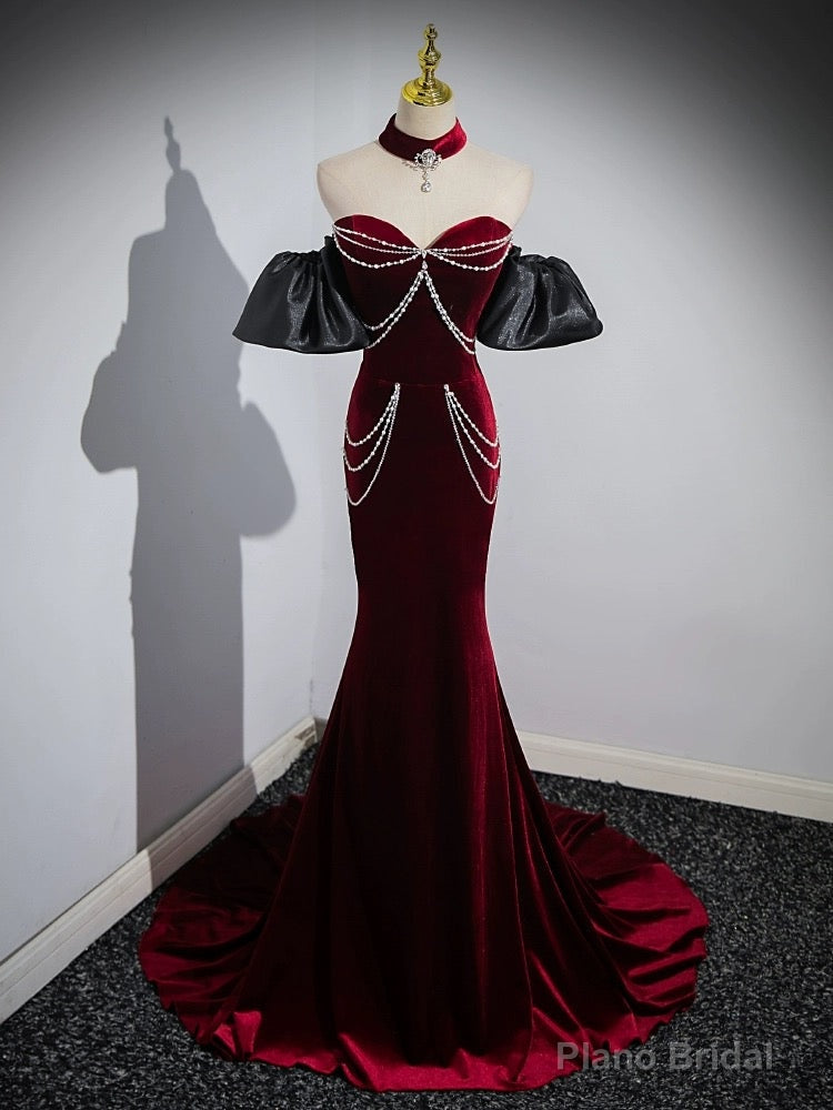 Trumpet/Mermaid Velvet Burgundy Long Prom Dress with Beads Main image
