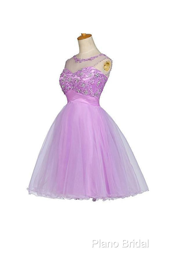 Tulle Appliques Beads Open Back Short Purple Homecoming Dresses