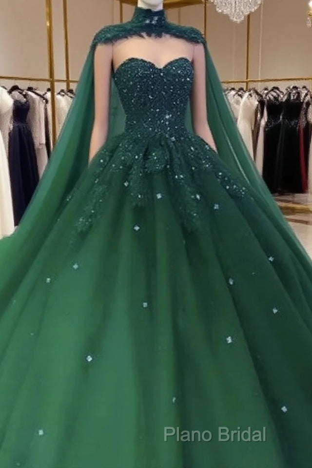 Tulle Ball Gown Emerald Green Quinceanera Dresses Crystals With Cape Free Main image